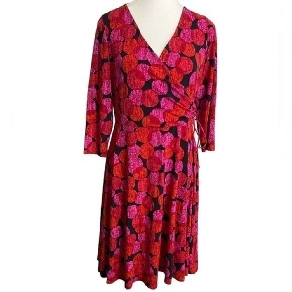 London Times Red and Pink Big Polka Dot Fit and Flare Midi Dress